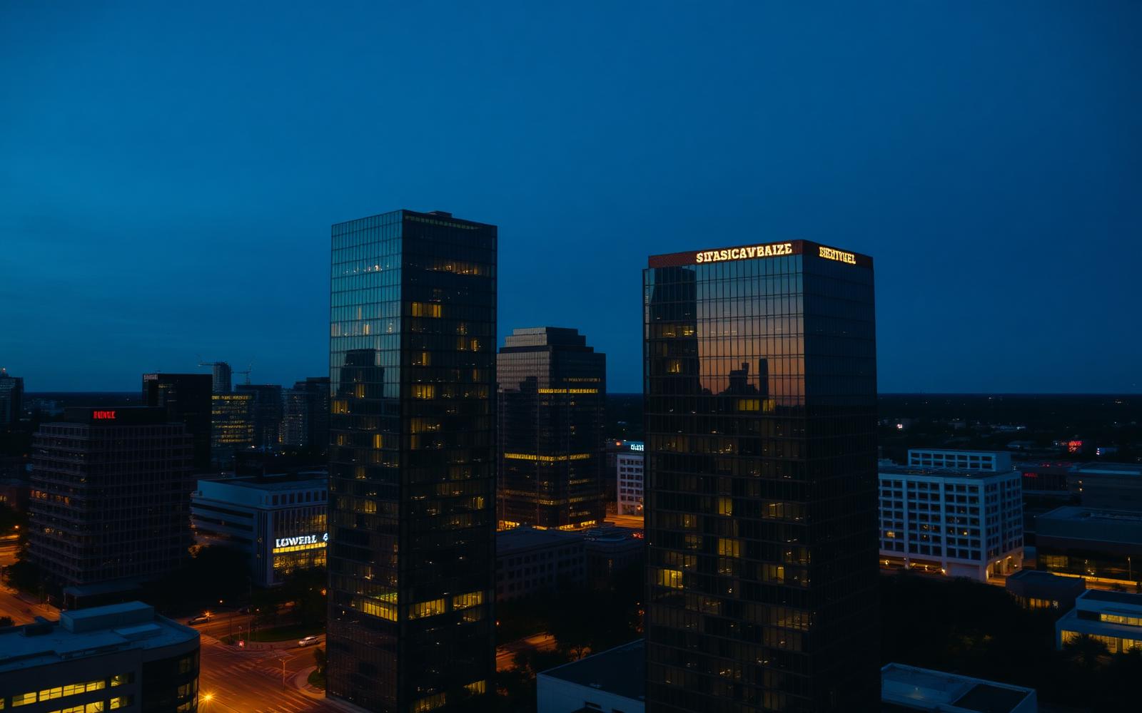 Modern Texas commercial towers at dusk